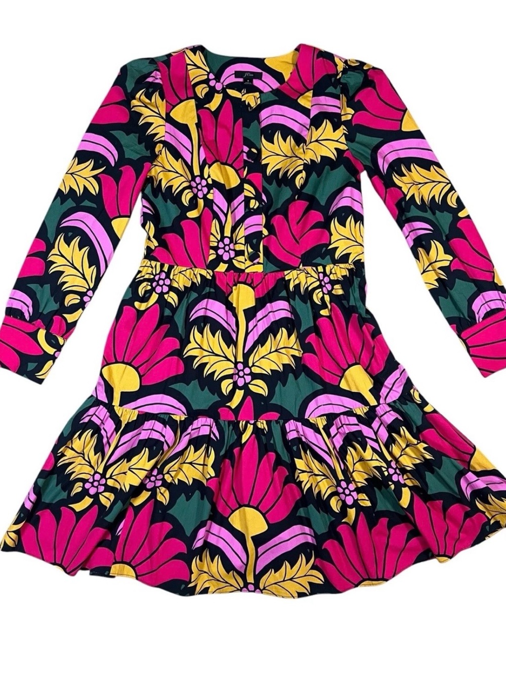 J.Crew Ratti Tiered Popover Dress Womens Size 12 Multicolor Floral Long Sleeve